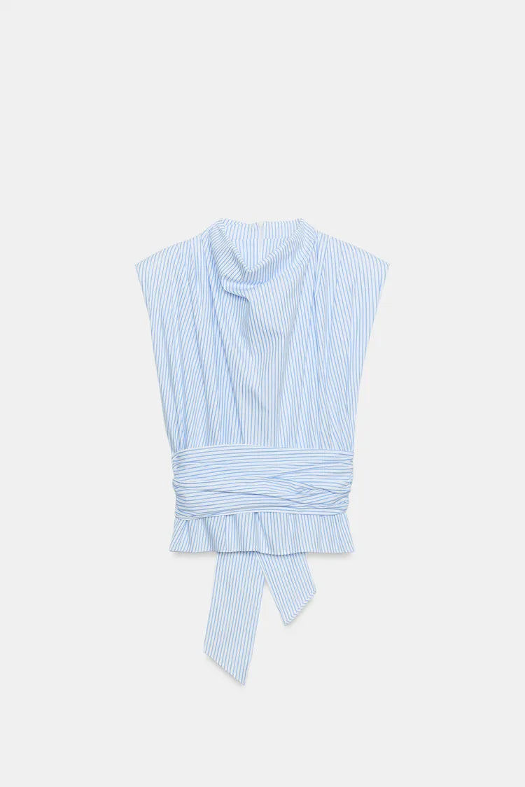 METALLIC THREAD STRIPED TOP WITH SHOULDER PADS AND TIE