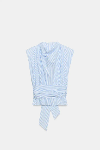 METALLIC THREAD STRIPED TOP WITH SHOULDER PADS AND TIE
