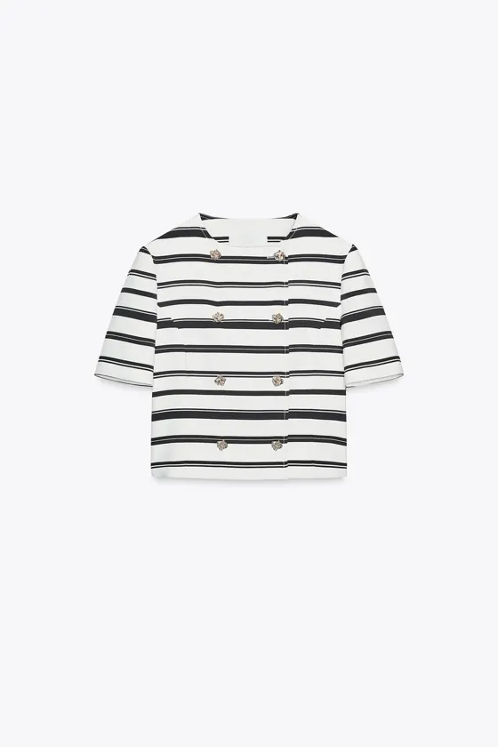 STRIPED SHORT-SLEEVE TOP WITH DECORATIVE BUTTONS