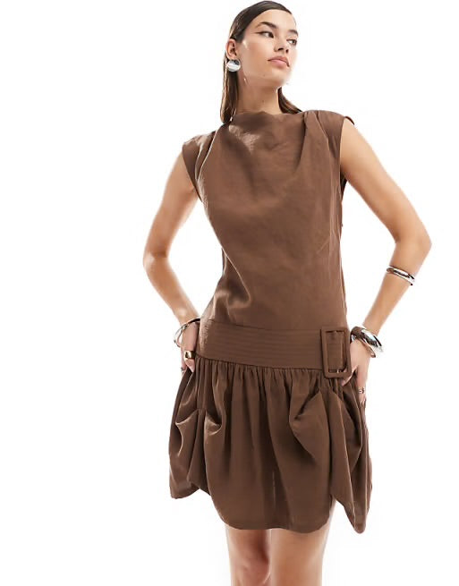 COWL NECK HITCHED HEM CUPRO MINI DRESS IN BROWN