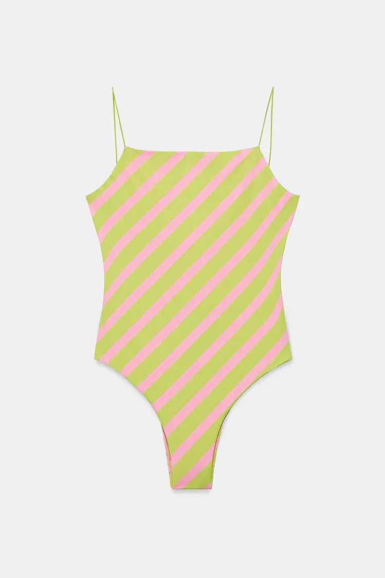 Lime and Pink Diagonal-Stripe One-Piece Swimsuit, view 2 of 5