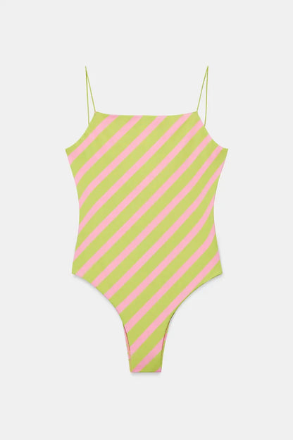 DIAGONAL STRIPE SWIMSUIT | Lime/Pink