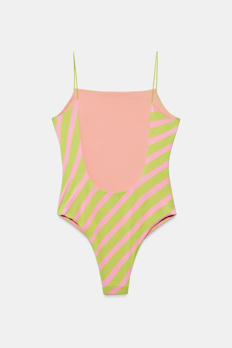 Lime and Pink Diagonal-Stripe One-Piece Swimsuit, view 3 of 5