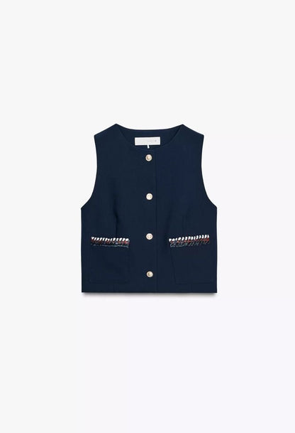 Zara Sleeveless Cropped Vest with Decorative Trim
