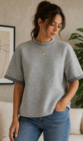 [X6] MINIMALIST GRAY FLEECE STRUCTURED MOCK NECK SHORT SLEEVE TOP