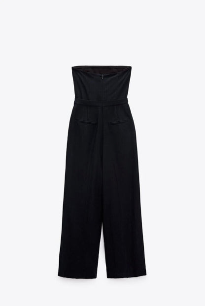 NAVY BLUE STRAPLESS LINEN WIDE LEG JUMPSUIT