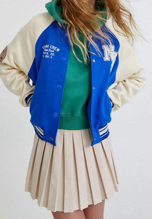 Blue varsity jacket with contrast sleeves and striped trims