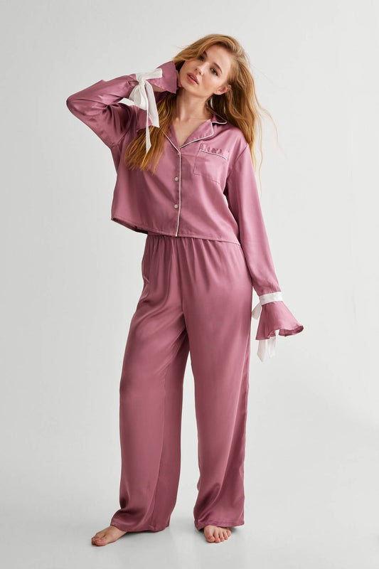 Satin Contrast Tie Cuff Pajama Shirt And Pants Set