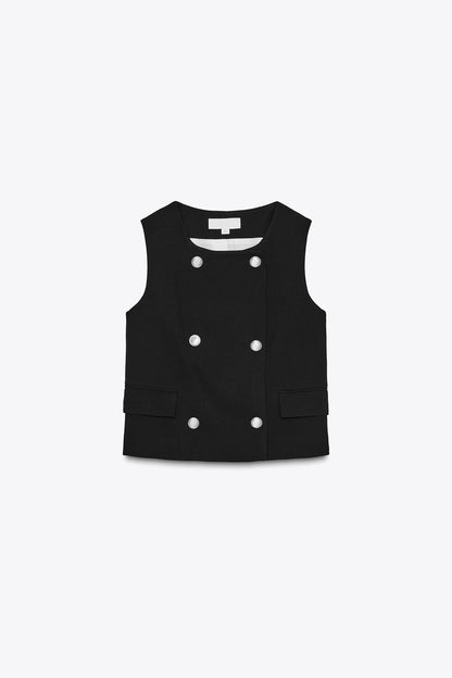 GOLD BUTTON CROPPED VEST – ELEGANT STRUCTURE