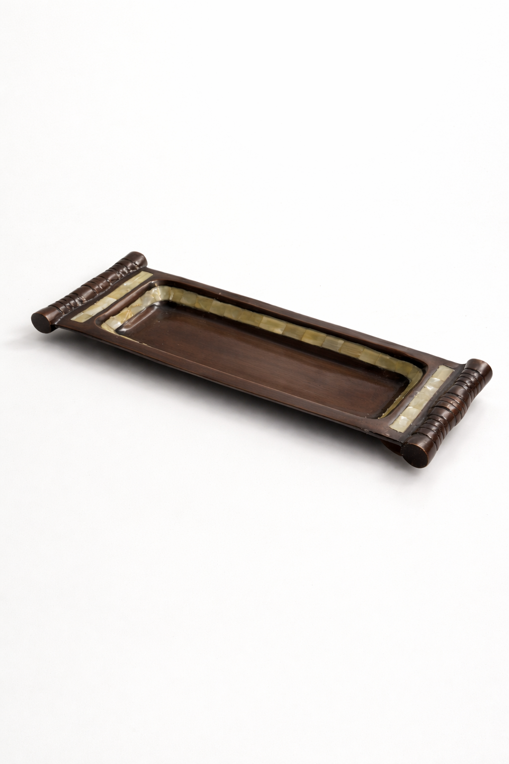 DECORATIVE RECTANGULAR METAL TRAY WITH MOTHER-OF-PEARL INLAY