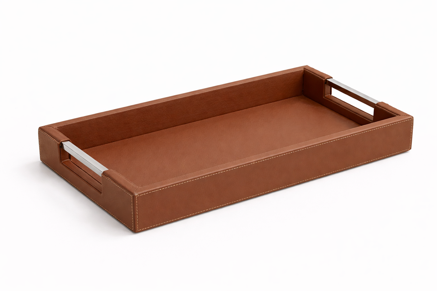 RECTANGULAR LEATHER SERVING TRAY WITH METAL HANDLES
