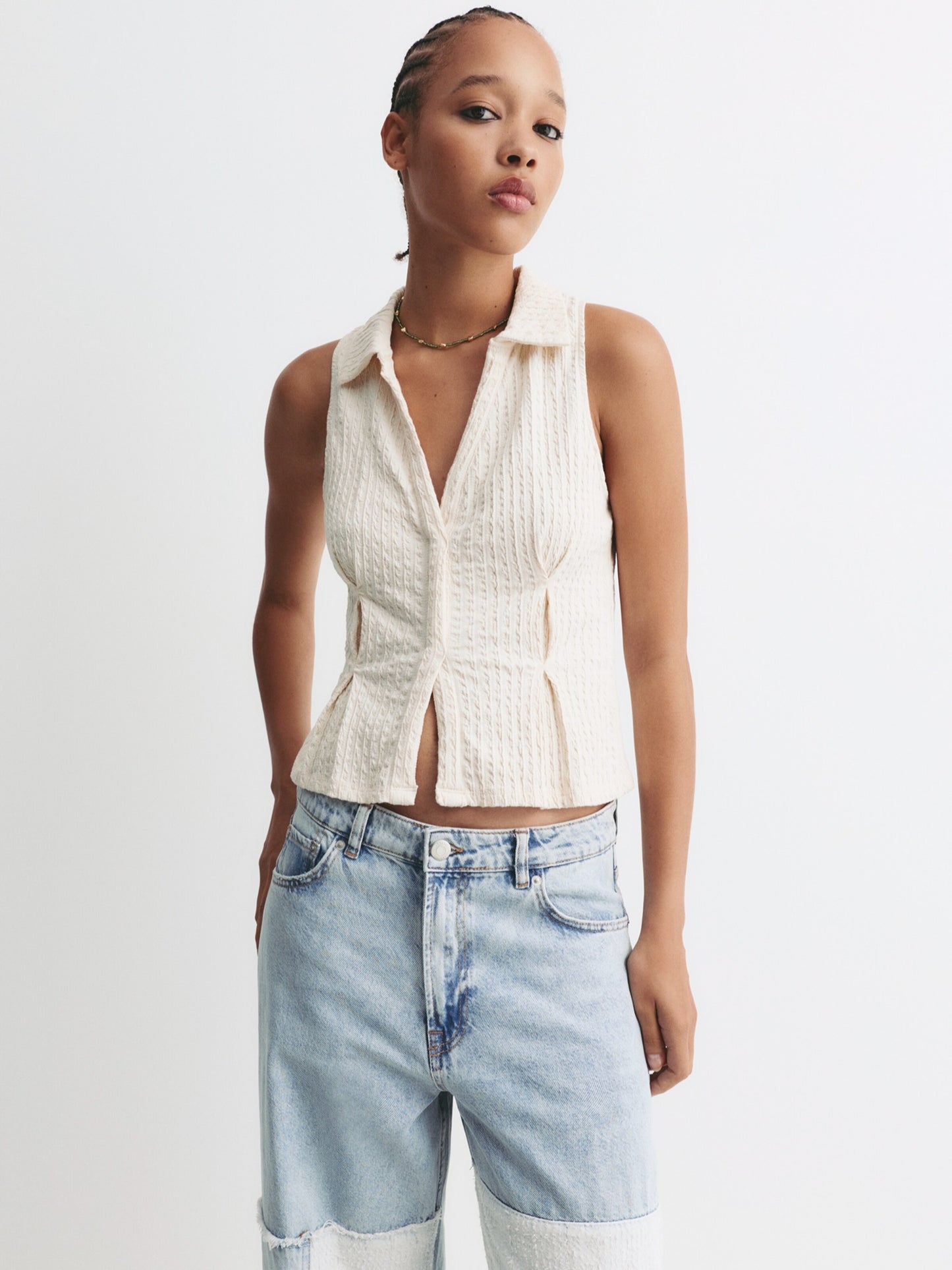 PINSTRIPE HALTER VEST TOP - Cream