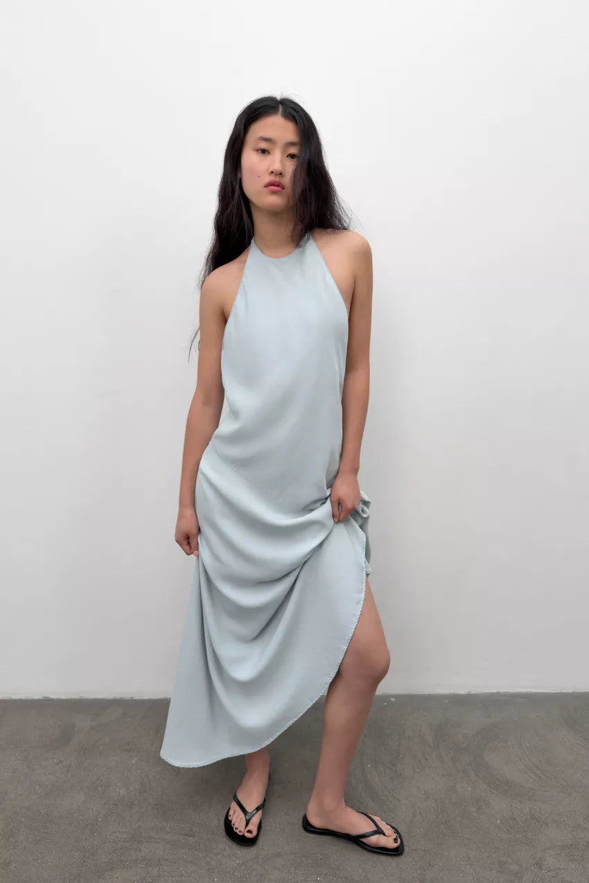FLOWY HALTER MIDI DRESS