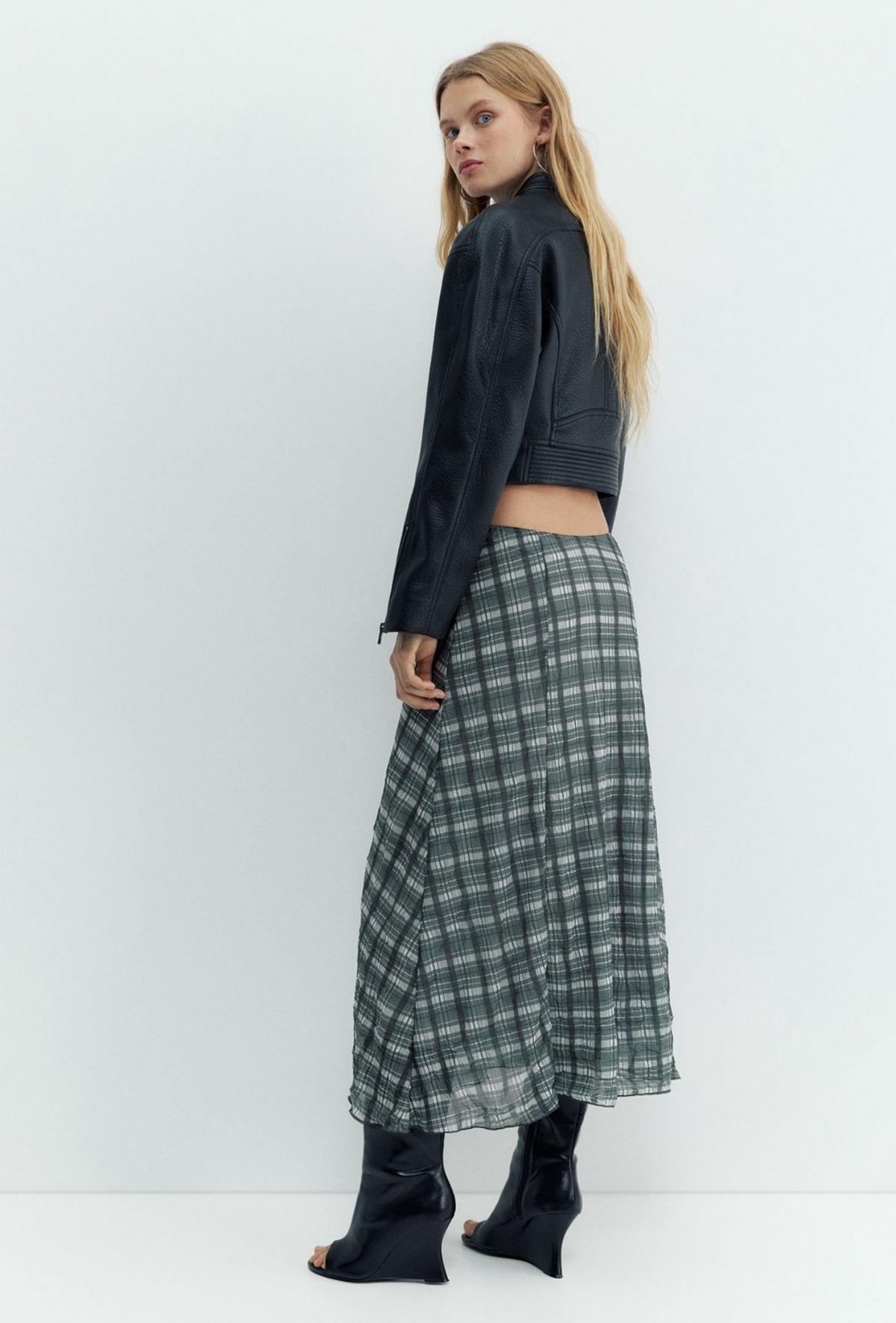 [X5] CHECK PRINT MIDI SKIRT