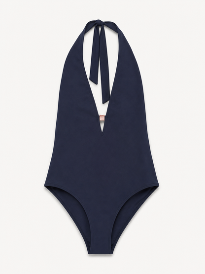 NAVY HALTERNECK PLUNGE ONE-PIECE SWIMSUIT WITH BACK BOW
