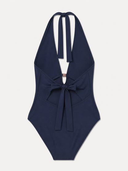 NAVY HALTERNECK PLUNGE ONE-PIECE SWIMSUIT WITH BACK BOW