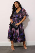 CURVE PURPLE ABSTRACT METALLIC PRINT MIDI DRESS