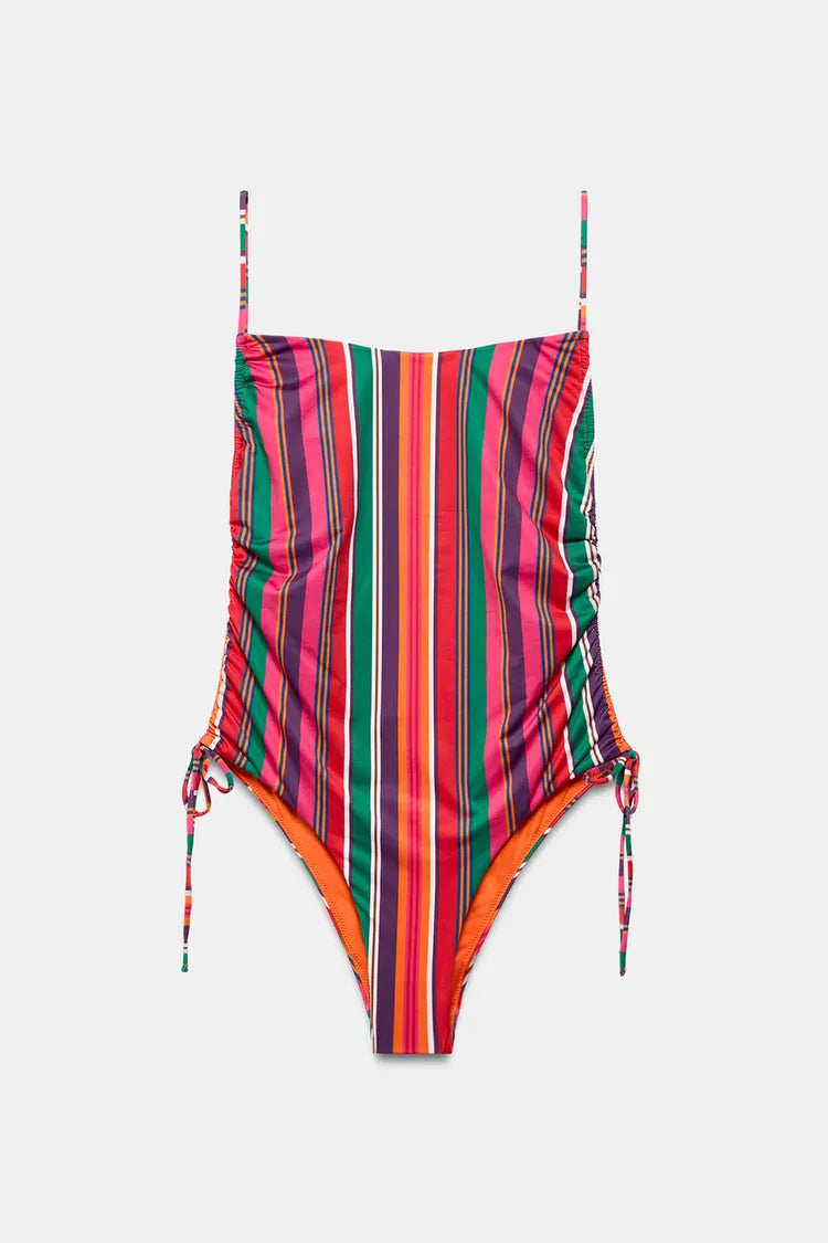 Multicolor Striped Side-Tie One-Piece Swimsuit, view 2 of 3