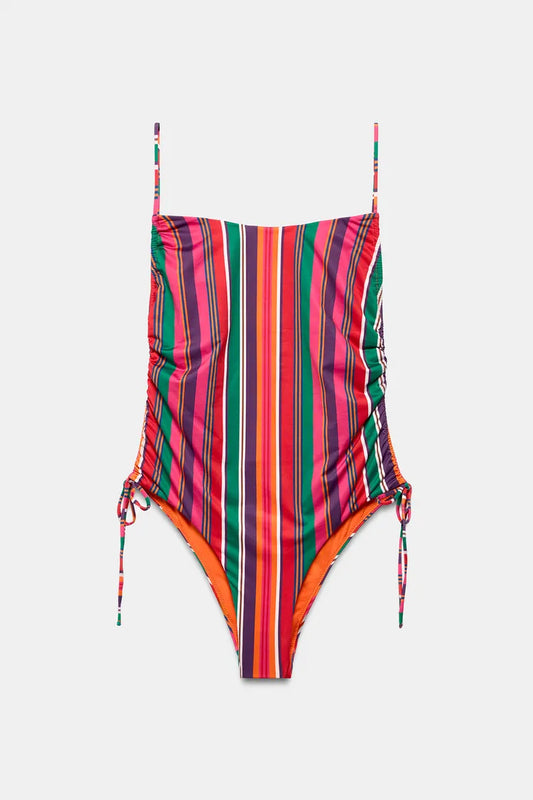 MULTICOLOR STRIPED SIDE-TIE ONE-PIECE SWIMSUIT