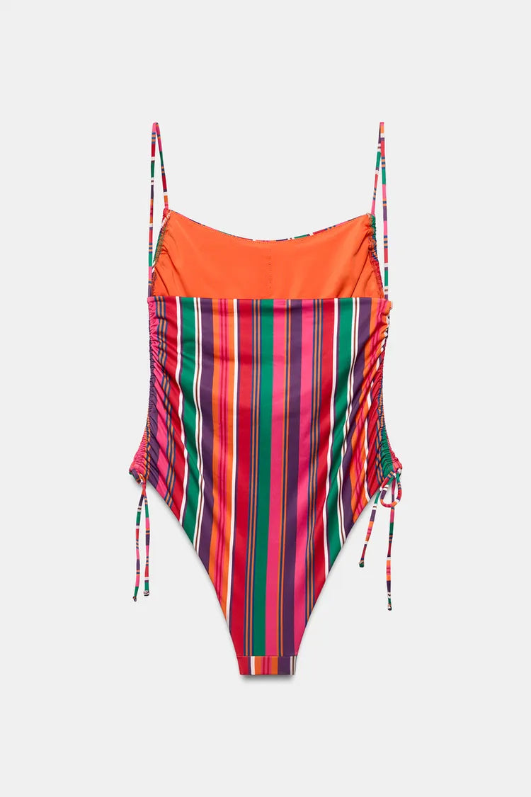 Multicolor Striped Side-Tie One-Piece Swimsuit, view 3 of 3