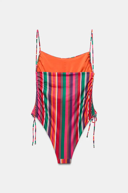 MULTICOLOR STRIPED SIDE-TIE ONE-PIECE SWIMSUIT
