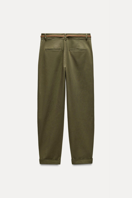 Pantalon zara kaki stylé avec ceinture marron