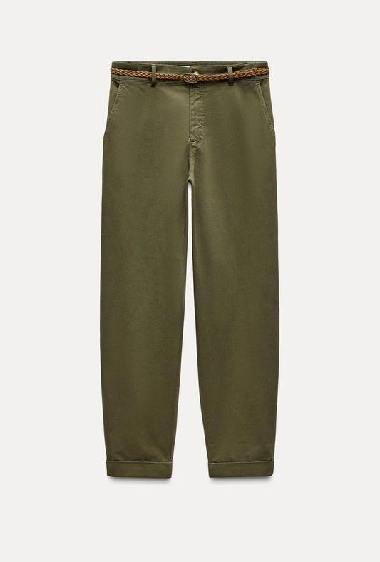 Pantalon zara kaki stylé avec ceinture marron
