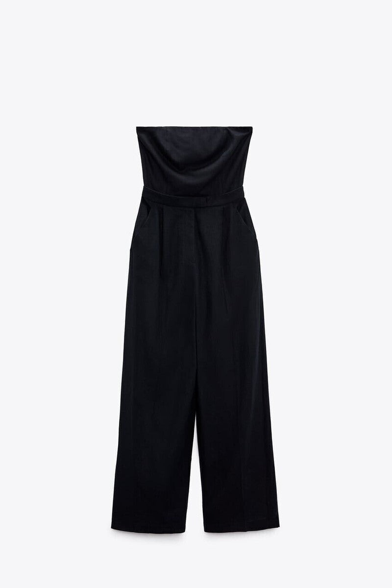 NAVY BLUE STRAPLESS LINEN WIDE LEG JUMPSUIT