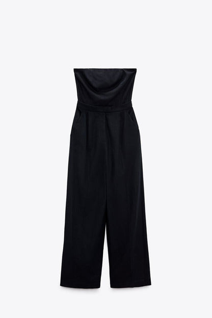 NAVY BLUE STRAPLESS LINEN WIDE LEG JUMPSUIT
