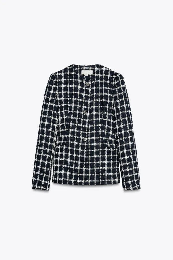 Textured fitted blazer in blue and white tweed