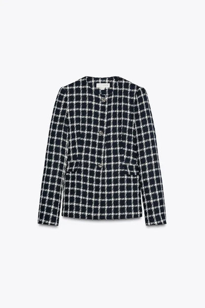 Textured fitted blazer in blue and white tweed