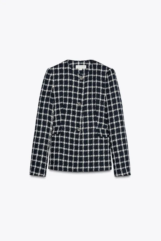 Textured fitted blazer in blue and white tweed