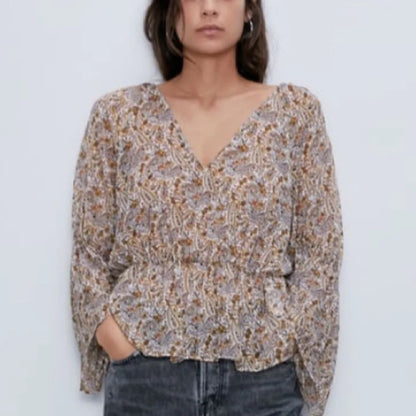 [A4] Blouse Long Sleeve Floral Pasley