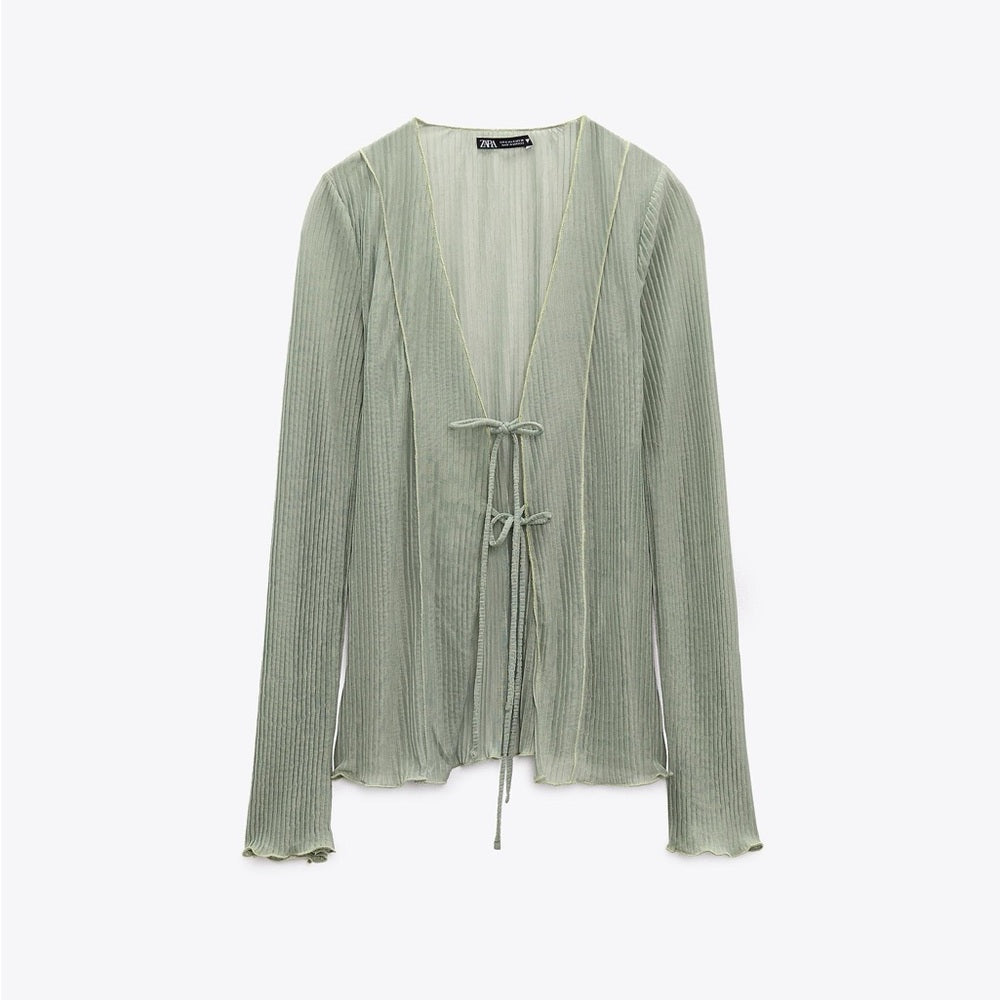 [X2] [E5] KHAKI GREEN SHEER TIE FRONT PLEATED TOP