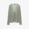 [X2] [E5] KHAKI GREEN SHEER TIE FRONT PLEATED TOP