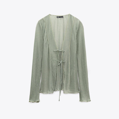 [X2] Khaki Green Sheer Tie Front Pleated Top