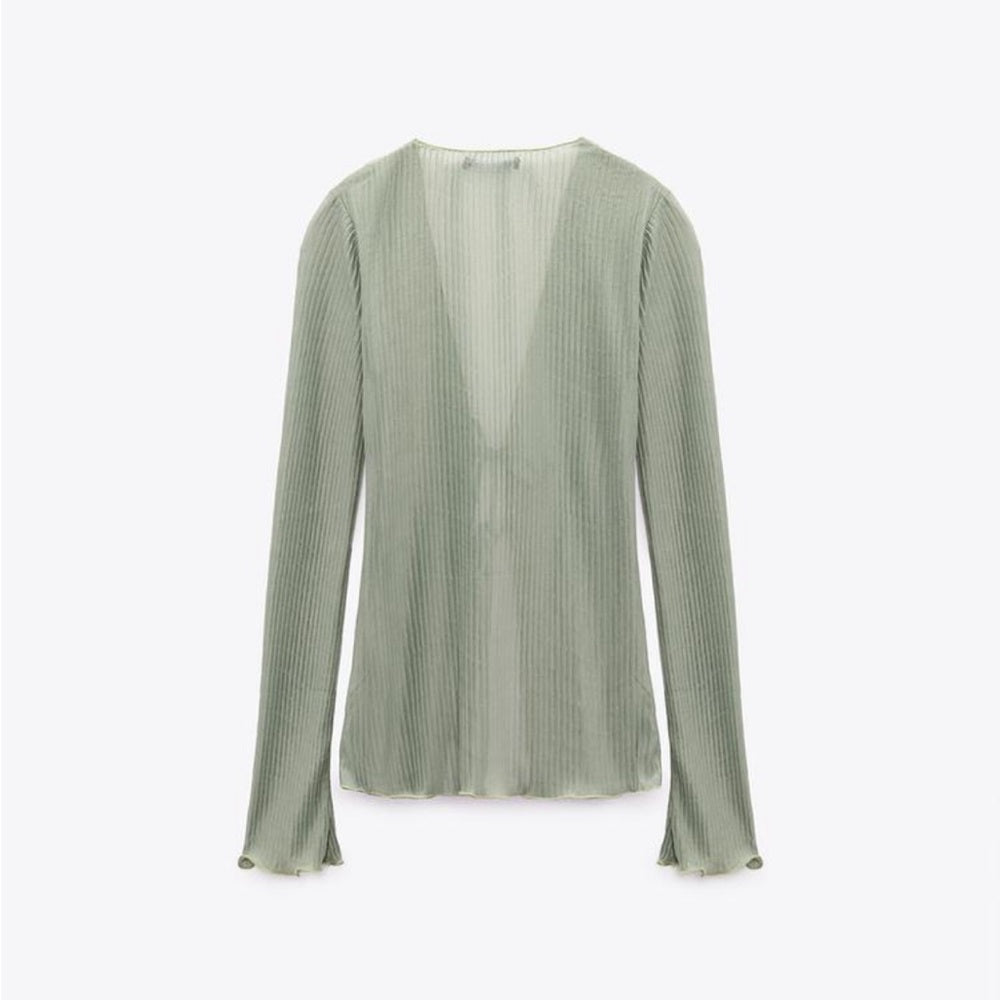 [X2] [E5] KHAKI GREEN SHEER TIE FRONT PLEATED TOP