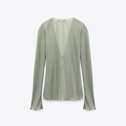 [X2] Khaki Green Sheer Tie Front Pleated Top