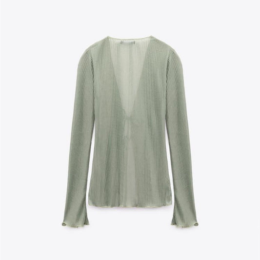 [X2] Khaki Green Sheer Tie Front Pleated Top