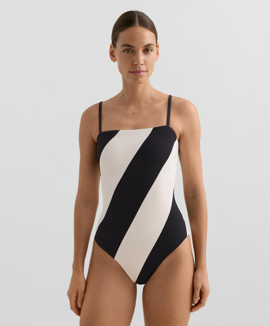 DIAGONAL STRIPE PIQUÉ BANDEAU SWIMSUIT