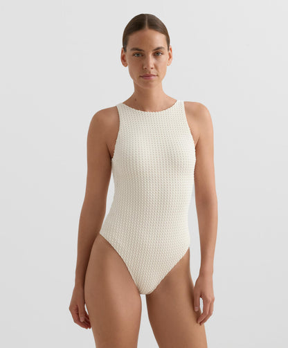 BUBBLE-TEXTURE CROCHET HALTER SWIMSUIT
