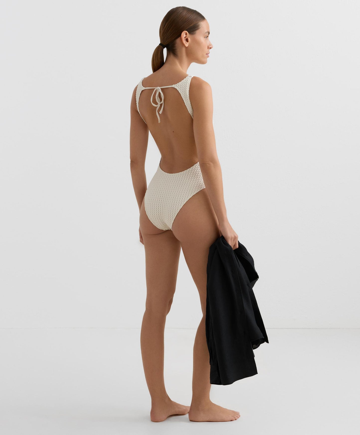 BUBBLE-TEXTURE CROCHET HALTER SWIMSUIT