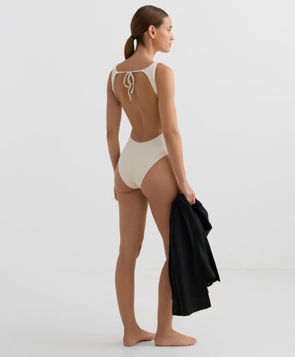 BUBBLE-TEXTURE CROCHET HALTER SWIMSUIT