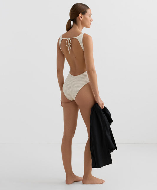 BUBBLE-TEXTURE CROCHET HALTER SWIMSUIT