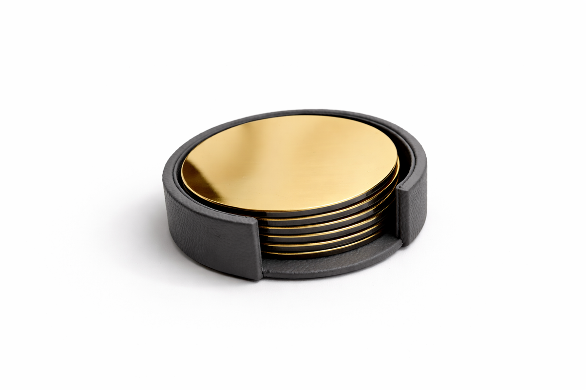 GOLD STAINLESS STEEL COASTERS WITH GENUINE LEATHER HOLDER – SET OF 6