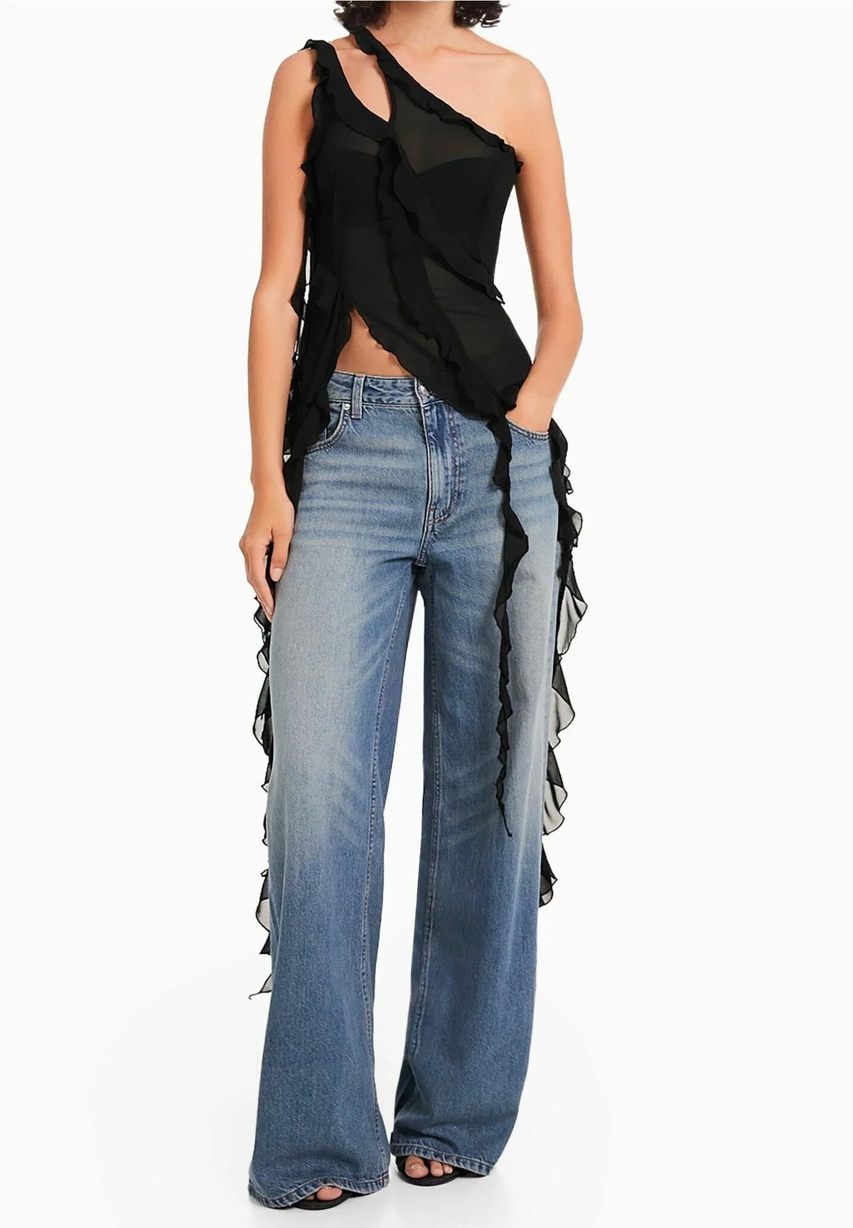 [E5] ASYMMETRICAL TOP SHEER CHIFFON RUFFLES