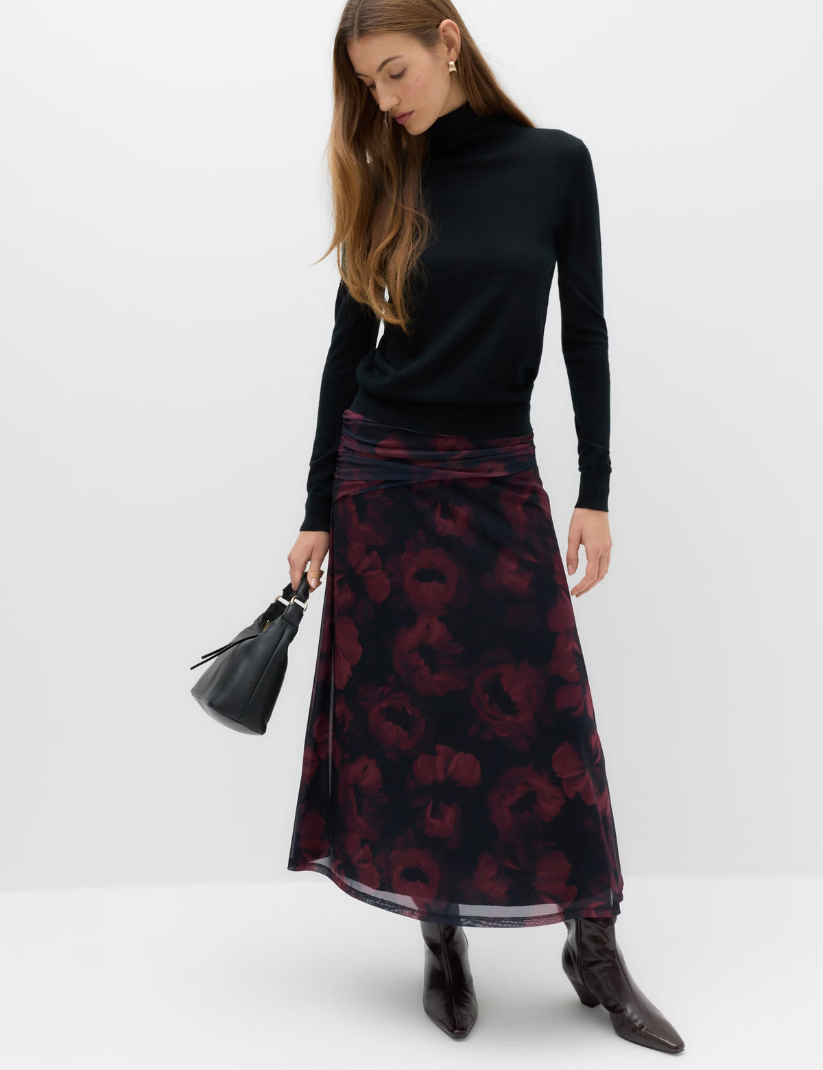 Mesh Floral Ruched Midi A Line Skirt