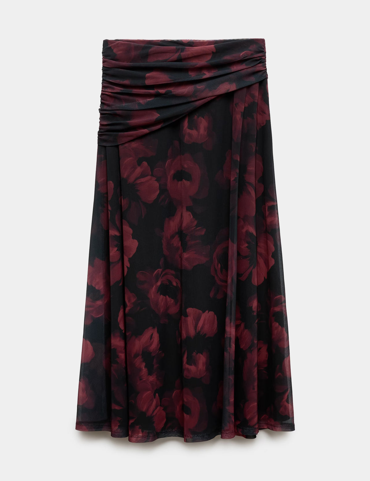 Mesh Floral Ruched Midi A Line Skirt