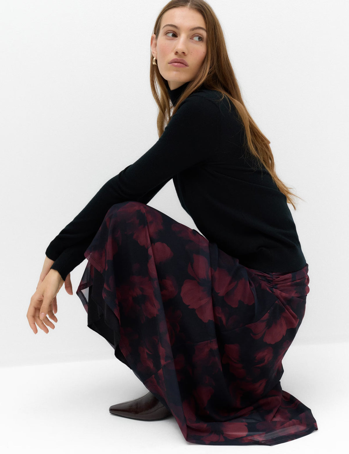 Mesh Floral Ruched Midi A Line Skirt