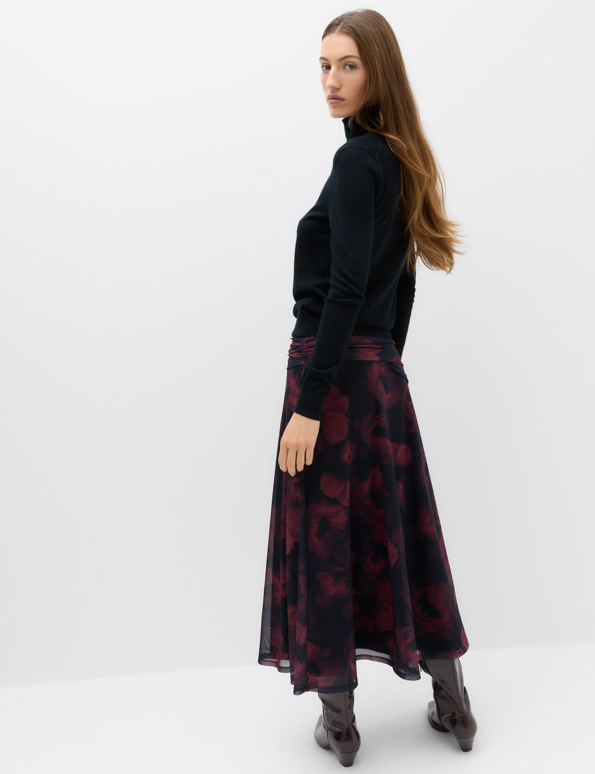 Mesh Floral Ruched Midi A Line Skirt